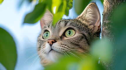 a distressed cat stuck high in a tree, looking down with wide eyes