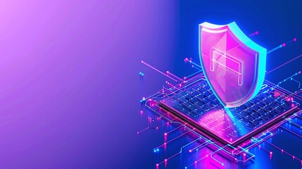 A digital shield protects a laptop, symbolizing cybersecurity and data protection in a vibrant, high-tech environment.