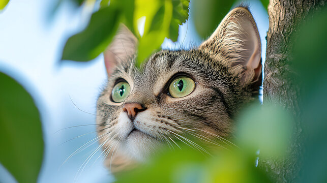 a distressed cat stuck high in a tree, looking down with wide eyes
