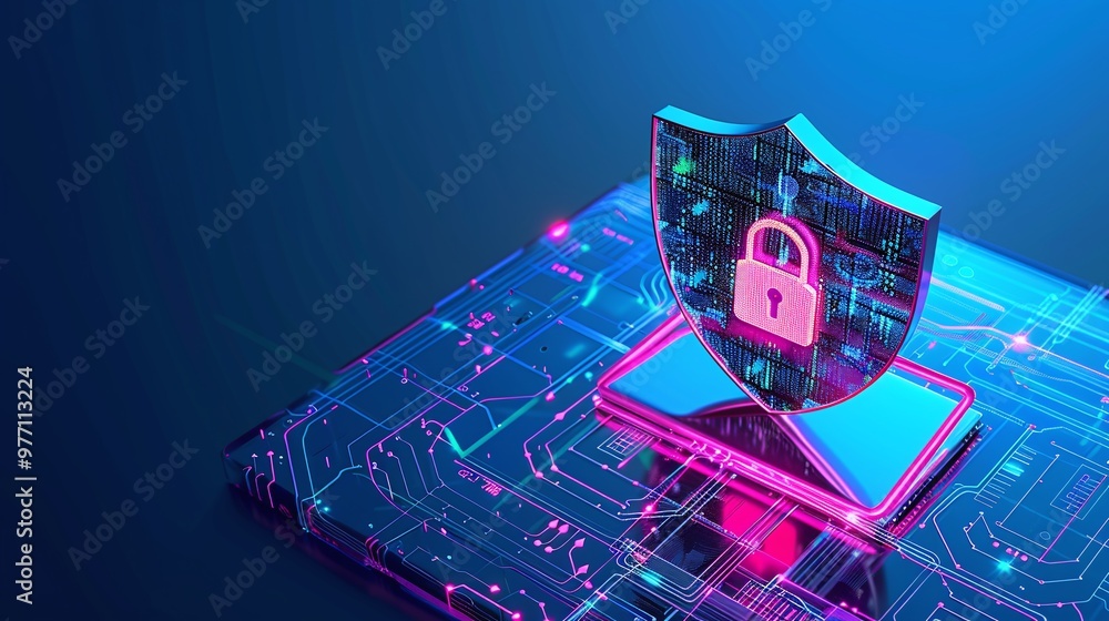 Poster a digital shield representing cybersecurity, featuring a locked symbol with vibrant colors and circu