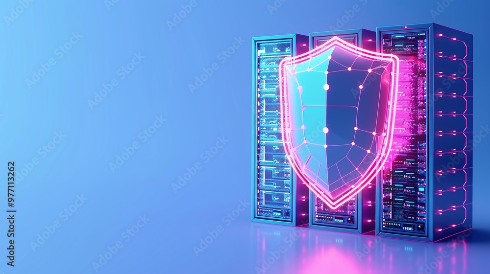 Poster a digital shield representing cybersecurity next to server racks, illustrating advanced protection i