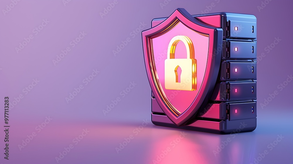 Poster a digital shield representing cybersecurity, featuring a lock symbol on a server background, illustr