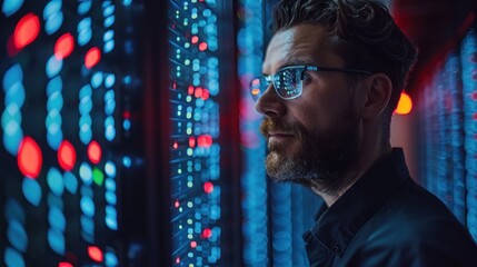 A data scientist immersed in vibrant lights of a tech server room during a nighttime analysis session. Generative AI