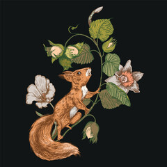 Squirrel and a branch with nuts. Vintage illustration.