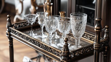 A vintage-style bar cart with crystal glassware and decorative elements