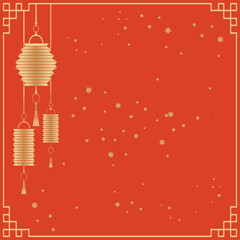 Chinese Postcard Template. Square postcard with gold frame on red background with Chinese gold lanterns.