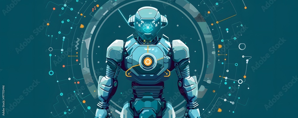 Poster futuristic robot design featuring advanced technology and a sleek metallic finish, set against a dyn