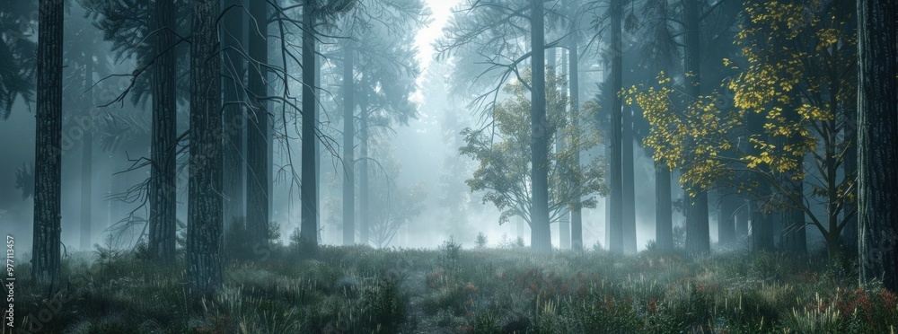Poster mysterious foggy forest landscape with tall trees and subtle light filtering through, creating an et