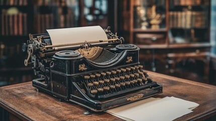 An old-fashioned typewriter with paper in a classic office setting, highlighting the charm and mechanics of vintage writing technology.