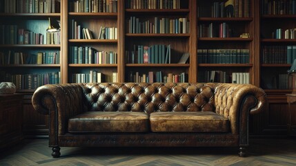 A weathered leather chesterfield sofa in a cozy library, surrounded by bookshelves