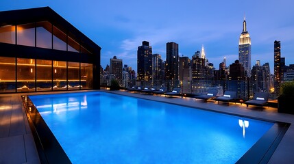 Fototapeta premium Serene Rooftop Pool with Breathtaking City Skyline 