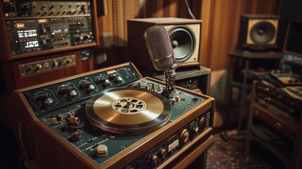 An old-school reel-to-reel audio tape recorder with spools and a vintage microphone, set in a classic recording studio environment, showcasing early audio tech.