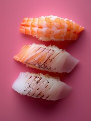 Traditional Japanese flounder nigiri, Hirame sushi on vivid bold background, minimalistic isolated photo