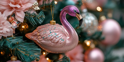 A close-up shot of an elegant tropical Christmas tree decorated with vibrant pink and green baubles, swan, palm leaves, tropical flowers, metallic butterfly accents, a neon purple flamingo figurine.