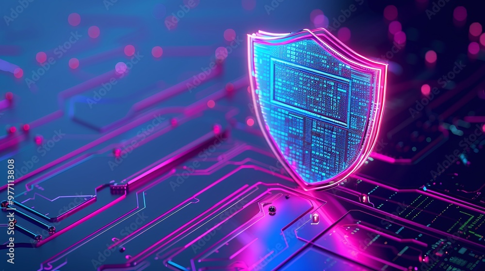 Poster a digital shield symbol representing cyber security in a futuristic setting, showcasing vibrant neon