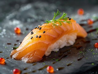 Yellowtail Nigiri sushi with sesame on dark background, Japanese gourmet dish
