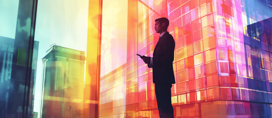 A businessman standing with a smartphone, abstract vibrant colorful city building on background.

