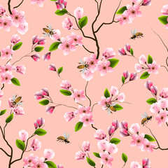 Pattern of cherry branches and bees.Bees and branches of a blossoming cherry in a pattern on a colored background.