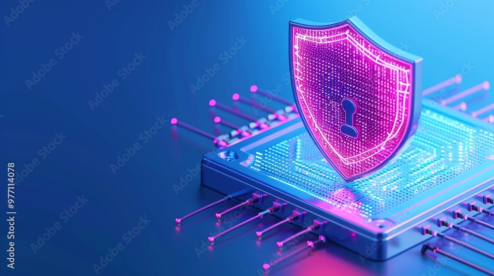 Poster a digital shield symbolizing cybersecurity and data protection, set on a glowing circuit board with 