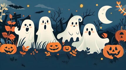 Obraz premium Playful ghosts celebrate Halloween in a whimsical landscape with pumpkins and a crescent moon under a starry night.