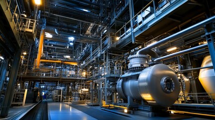 Picture a large-scale energy production facility with advanced automation, showcasing robotic systems managing equipment, automated maintenance processes, and digital controls optimizing energy output