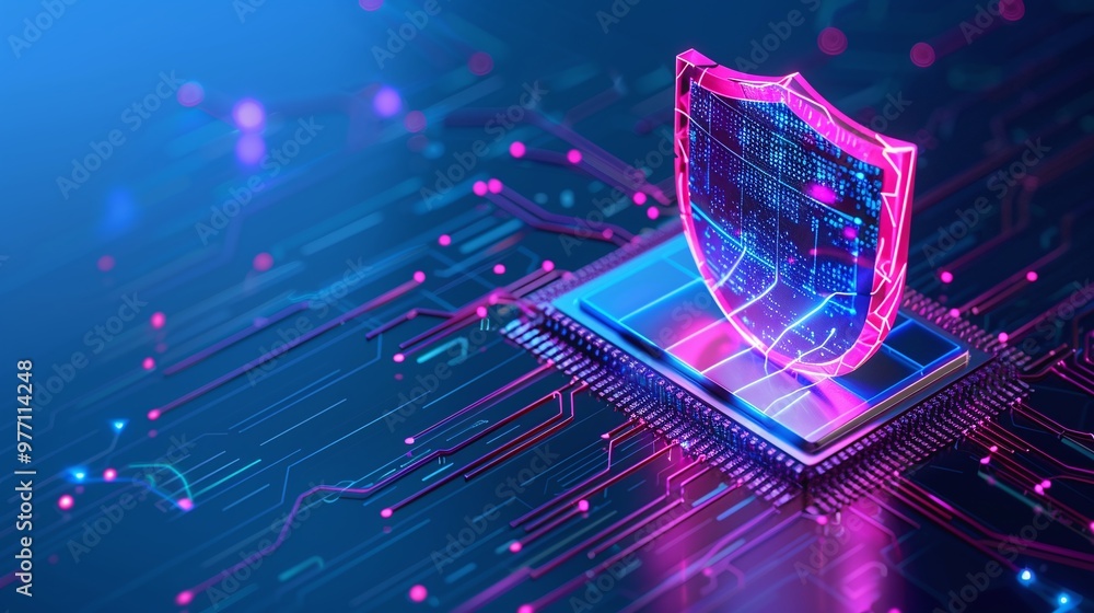 Poster a digital shield symbolizing cybersecurity on a microchip, representing technology and protection in