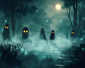Mysterious spectral figures shrouded in fog by moonlit waters, creating an eerie and enchanting scene perfect for fantasy themes.