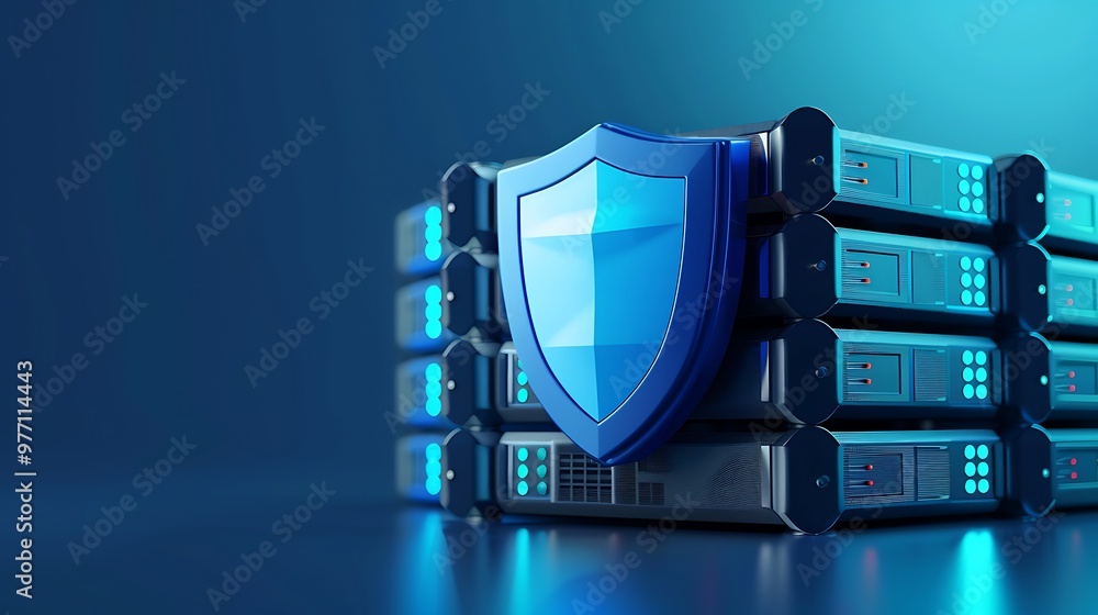 Poster a digital shield symbolizing cybersecurity protecting server data in a modern data center environmen