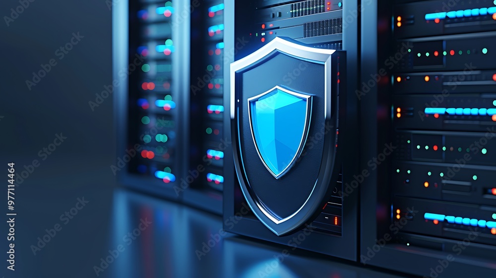 Poster a digital shield symbolizing cybersecurity protection in a modern server room, emphasizing data safe