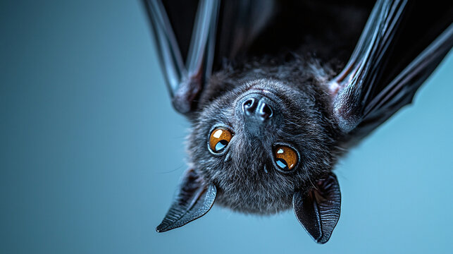 a cute bat hanging upside down, wings wrapped around itself