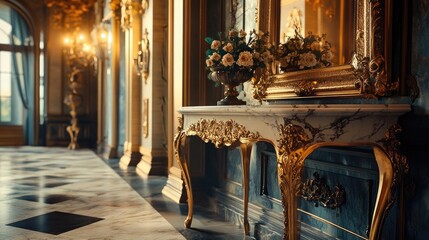 An antique marble-topped Victorian console table with decorative brass legs, placed beneath an ornate gold-framed mirror in a lavish hallway