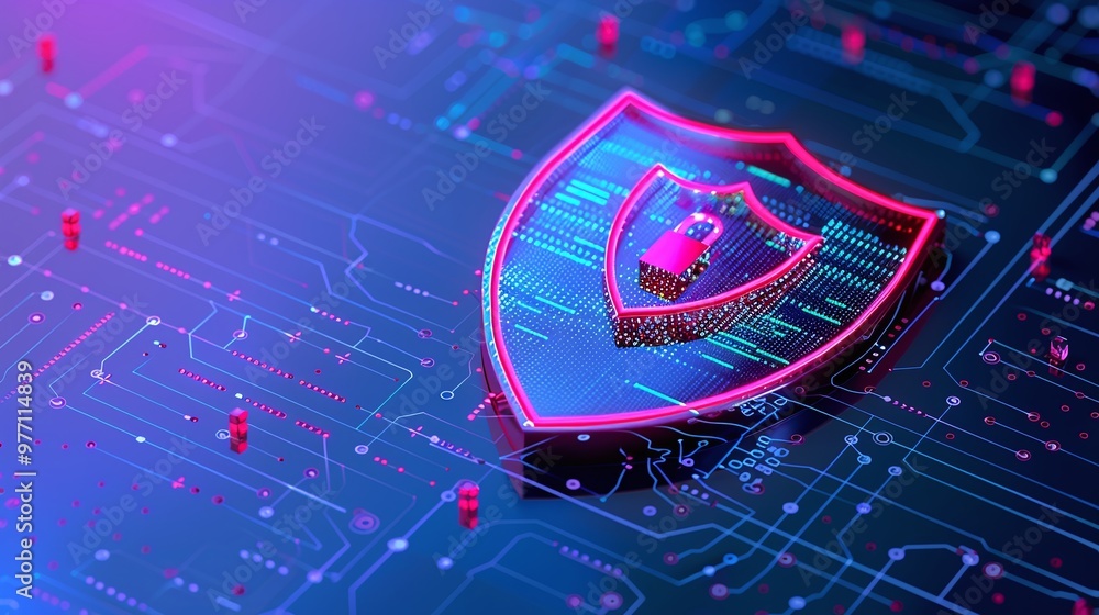 Poster a digital shield symbolizing cybersecurity, featuring vibrant colors and a high-tech background, ide