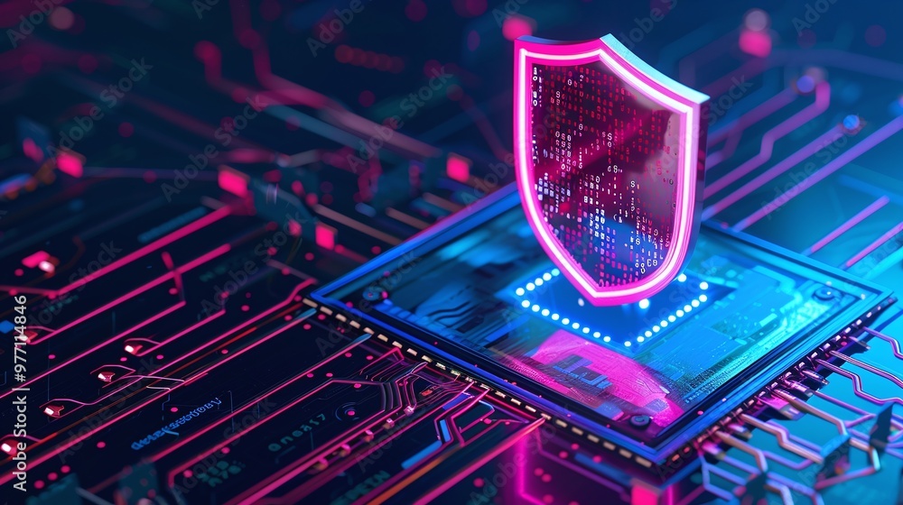 Poster a digital shield symbolizing cybersecurity, embedded in a vibrant circuit board, representing protec