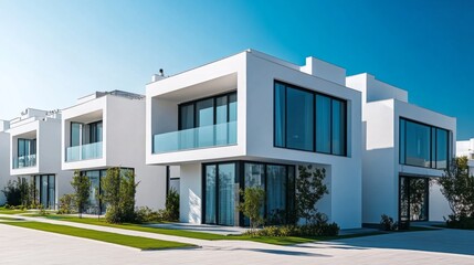 A row of ultra-modern white townhouses with sleek, minimalist designs and large floor-to-ceiling windows.