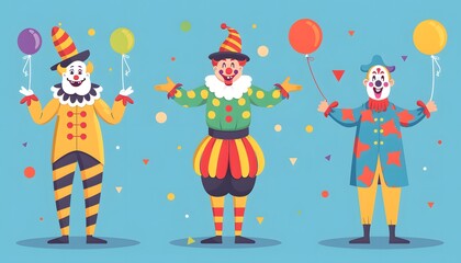 Three cheerful clowns with colorful outfits and balloons, perfect for festive celebrations and playful events.