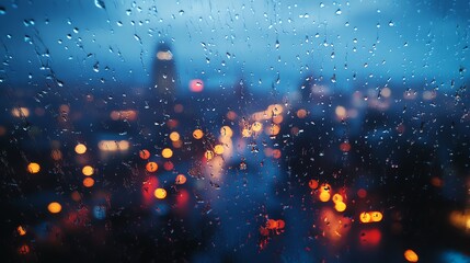 Fototapeta premium Raindrops on a window with blurry city lights in the background.