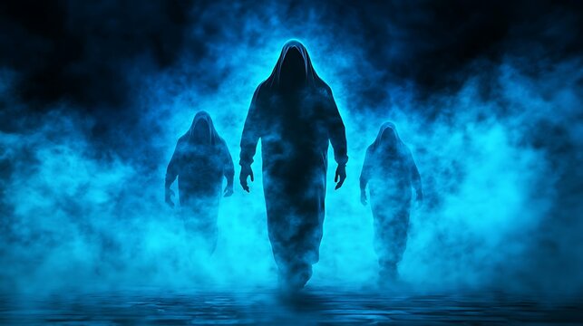 Mysterious figures emerge from a haze of blue smoke.