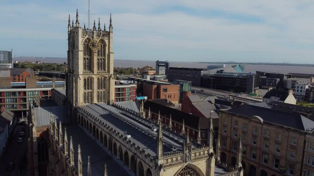 Drone 50fps. Hull Minster church. Christian church in a UK city center. 