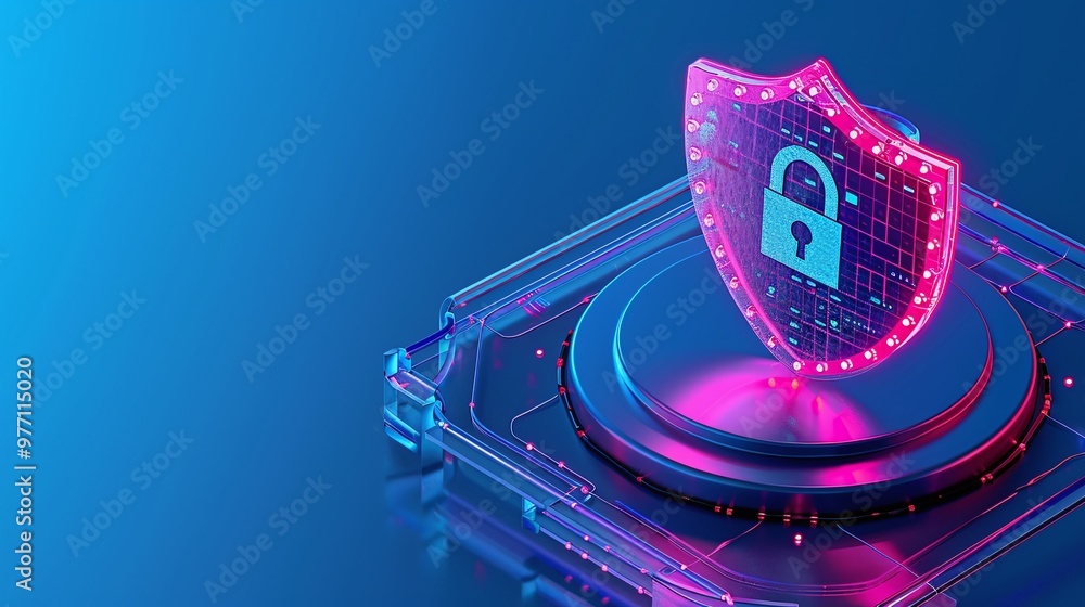 Aufkleber a digital shield with a lock symbol, representing cybersecurity and data protection in a modern, hig