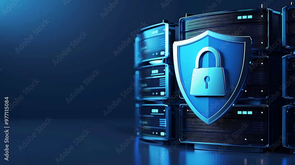 Aufkleber a digital shield with a padlock symbolizing cybersecurity, surrounded by server racks, representing 