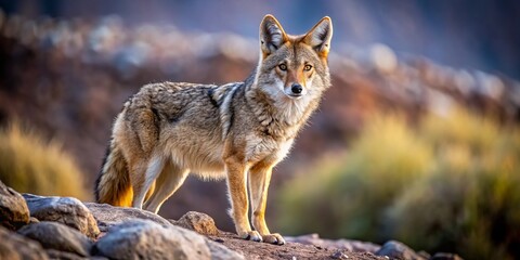 A small, agile coyote stands on rocky ground, its piercing gaze scanning the horizon as its pointed ears