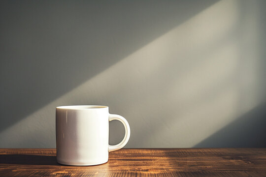 Single White Ceramic Mug on a Simple Wooden Table &ndash; Smooth Side Lighting Creates Elegant Light and Shadow, Perfect for Highlighting Minimalist Aesthetic and Refined Beauty