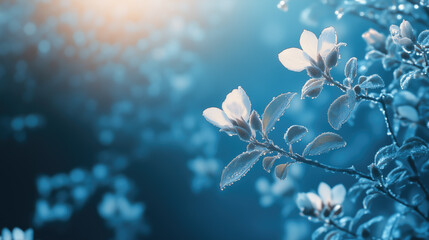 Sunlight illuminating delicate flowers covered in snow on a tree branch