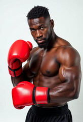 A heavyweight African American boxer poses confidently with red gloves against a white background, highlighting strength and focus.






