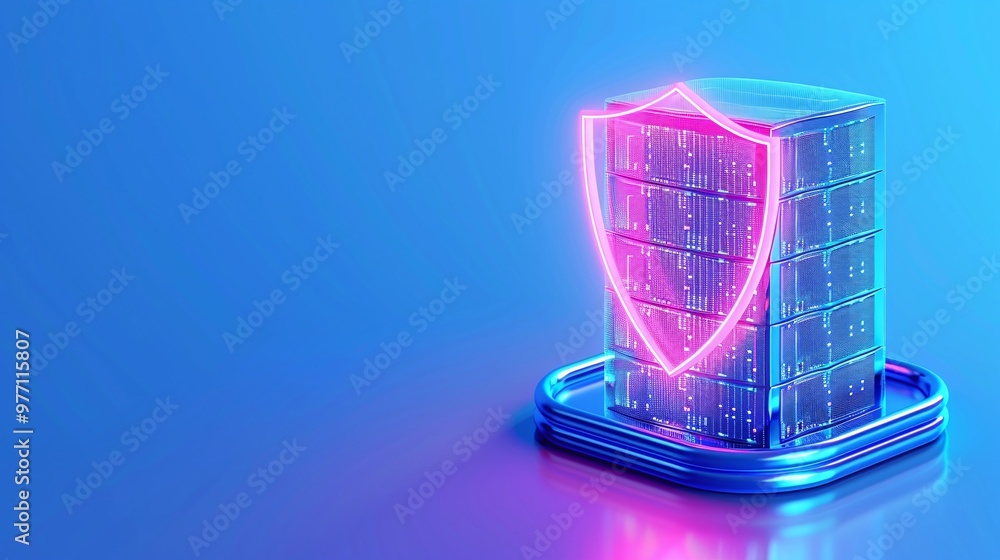 Poster a futuristic data server protected by a glowing shield, representing cybersecurity and data protecti
