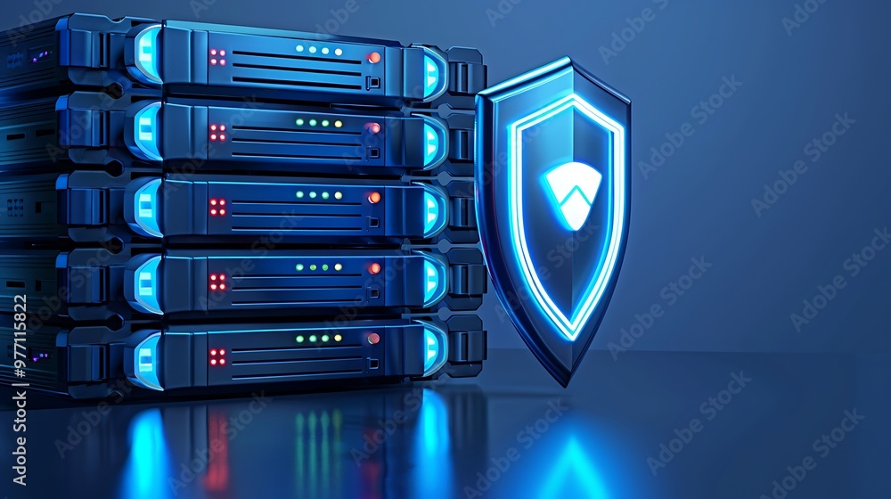 Poster a futuristic data server setup with a glowing shield symbolizing cybersecurity and data protection.