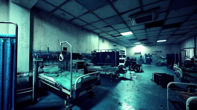 The forsaken hospital interior reveals rows of empty beds, scattered debris, and a sense of neglect, highlighting the eerie atmosphere of a once bustling medical facility now left to decay.