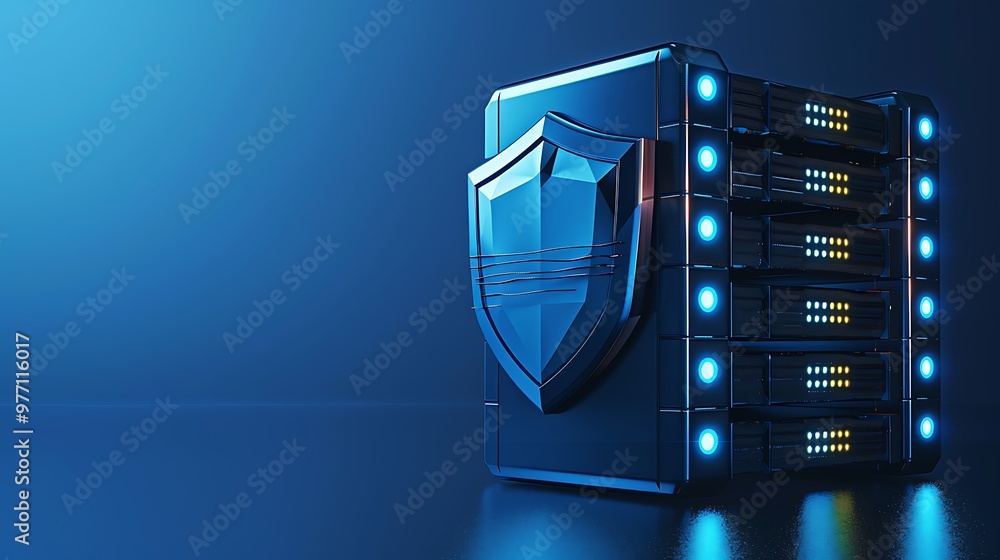 Poster a futuristic data server with a protective shield, symbolizing cybersecurity and data protection in 