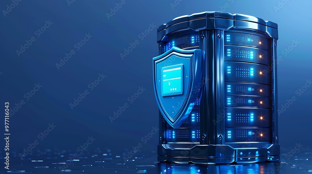 Poster a futuristic data server with a security shield, representing advanced technology and data protectio