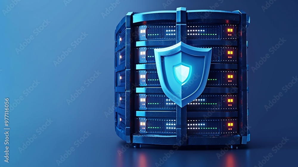 Poster a futuristic data server with a shield emblem, symbolizing cybersecurity and data protection in a di